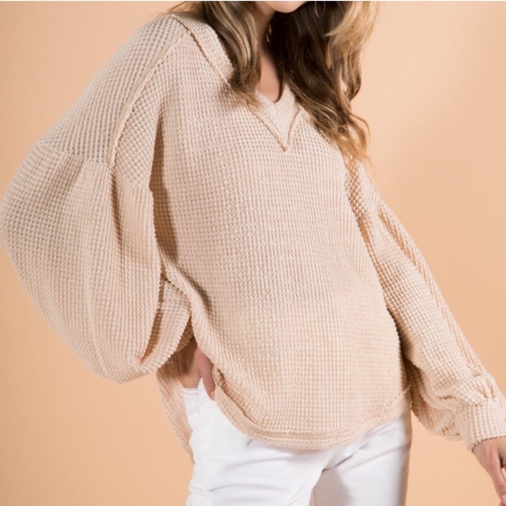 LOVERICHE V-NECK WAFFLE BALLOON SLEEVE KNIT TOP Beige Cream Womens Small - Picture 5 of 9